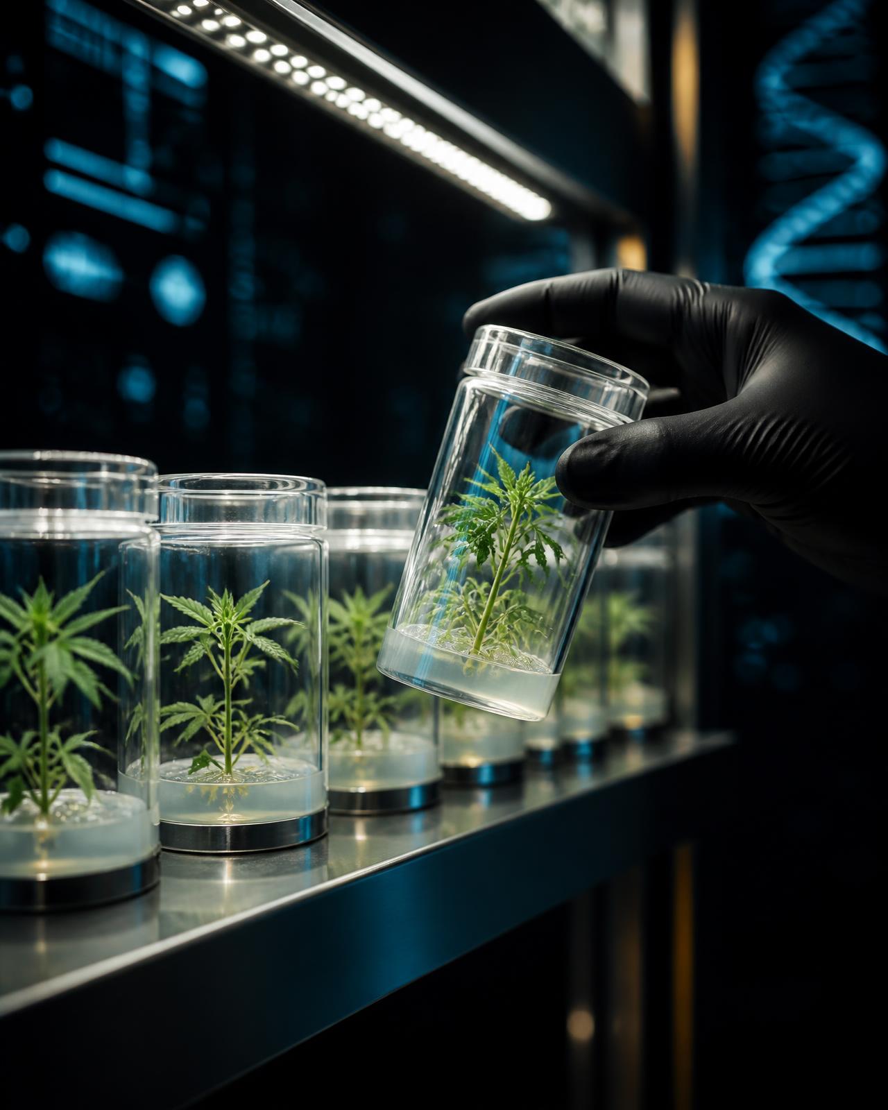 Cannabis plantlets in sterile tissue-culture vessels handled by a gloved technician in the Zennetix laboratory